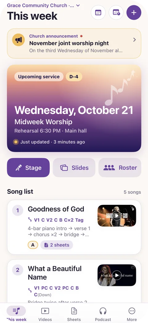 Selah's This Week screen: the upcoming service and its songs